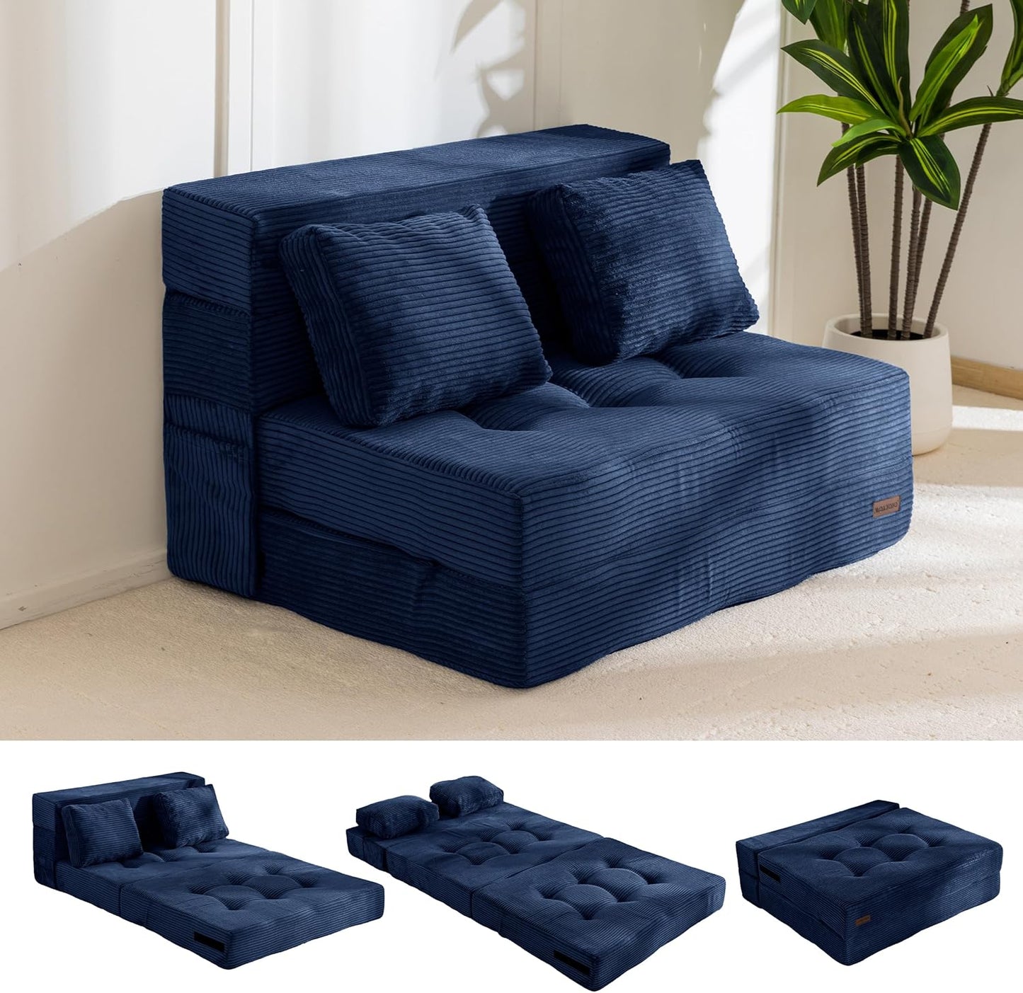 MAXYOYO Convertible Sofa Bed, Fold Out Loveseat Sleeper Sofa with Pillow, 4 in 1 Tufted Folding Couch Bed Foam Floor Couch, Lazy Chair for Living Room Bedroom Guest Room, Navy