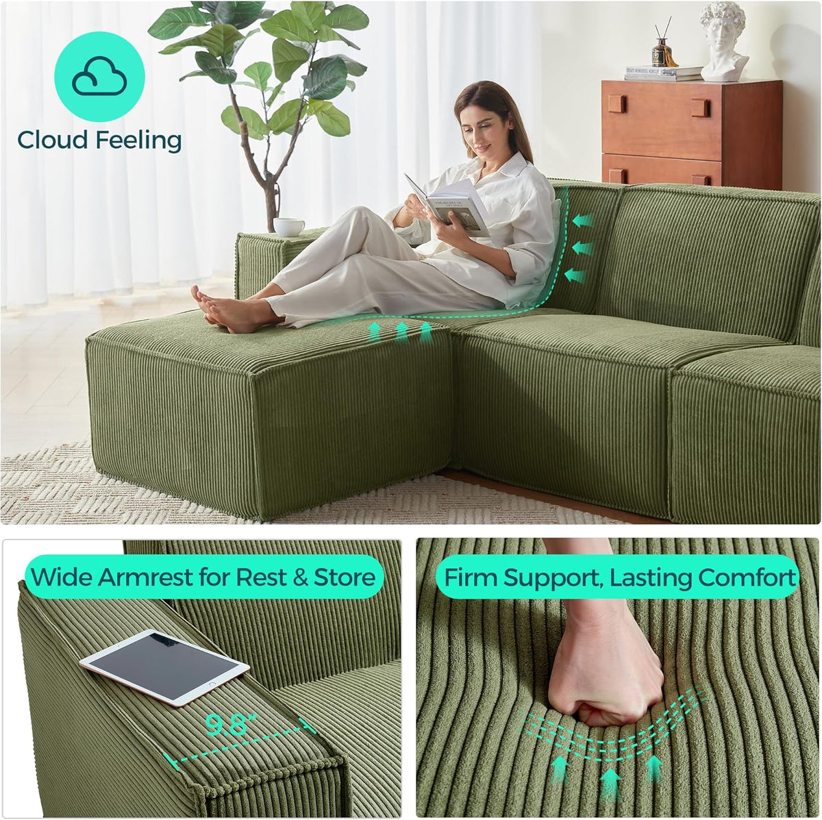 LINSY HOME Modular Sectional Sofa, 105" Boneless Couch L Shaped 3-Seat Sofa with Ottoman, Corduroy Sectional Cloud Couches for Living Room, No Assembly Required, Green