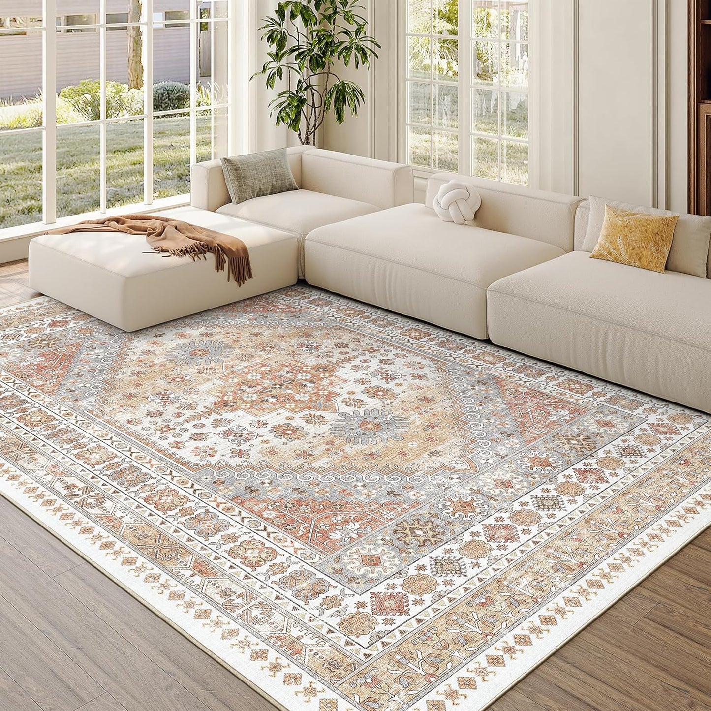 zesthome 6x9 Area Rug, Super Soft Washable Rugs for Living Room, Non-Slip Stain Resistant Vintage Rugs, Ultra-Thin Large Area Rugs (Orange,6'x9')