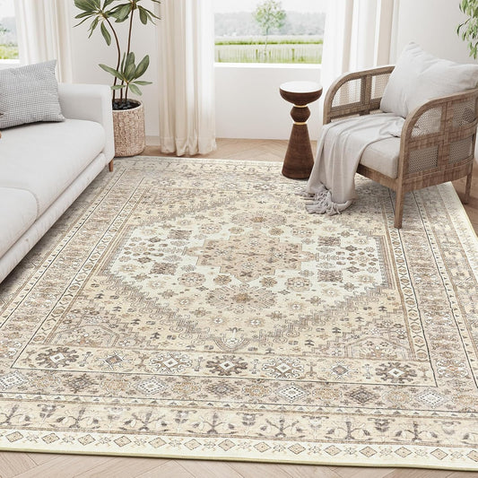 zesthome 4x6 Rug - Stain Resistant Washable Rug, Anti Slip Backing Rugs for Living Room, Foldable Vintage Small Area Rugs (Cream/Beige,4'x6')