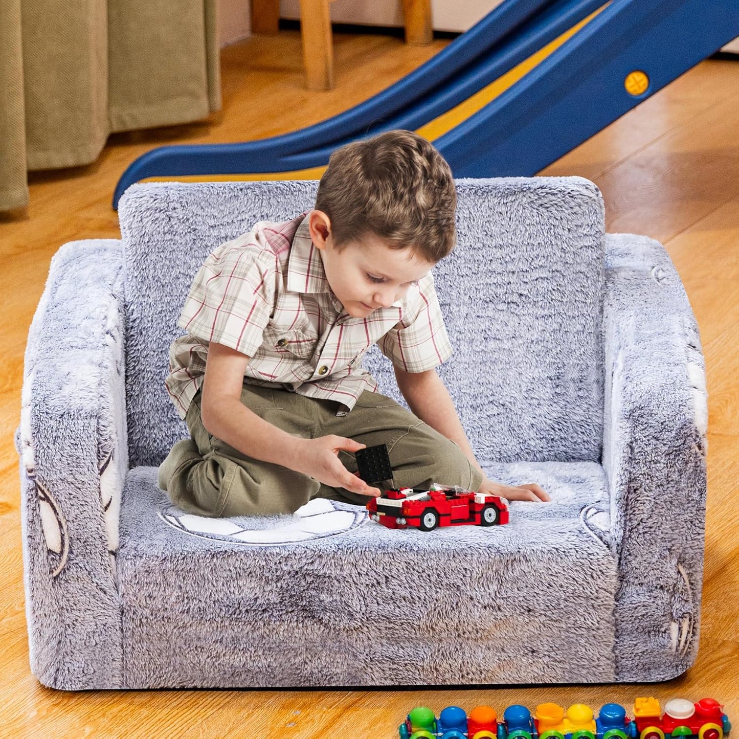 Lamerge 2-in-1 Soft Toddler Couch Fold Out,Foldable Toddler Chair, Glow in The Dark Kids Sofa for playroom,Convertible Foam and Floor Cushion for Boys and Girls (Grey and Football)