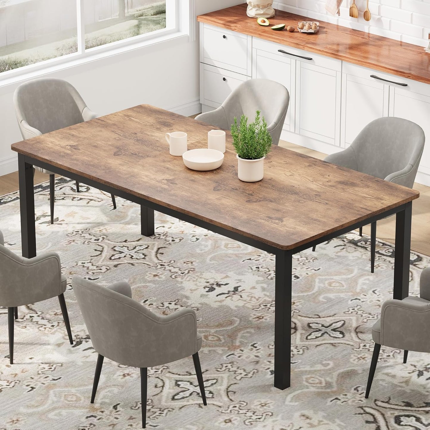 GarveeHome 70.8in Industrial Dining Table for 6, Wooden Long Dinner Table with Mortise Tenon Design, Kitchen Table with Sturdy Metal Legs, for Dining Room Home Office Living Room, Retro