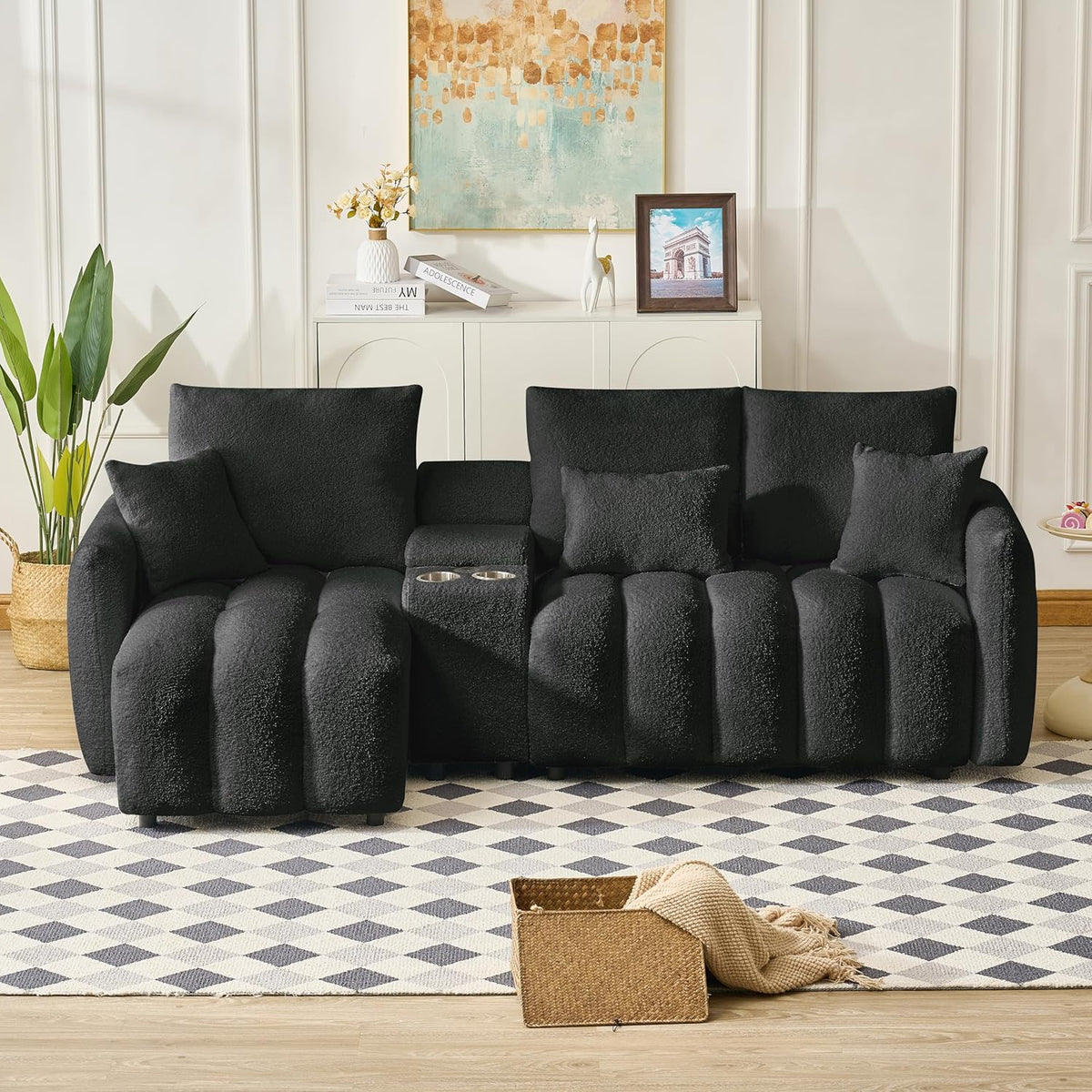 92-Inch Teddy Boucle Tufted Sofa Couch with Storage Console and Chaise Lounge, L-Shaped Left Facing Corner Sectional Sofa Couch with Cupholders, USB Ports and Golden Accent for Living Room Office