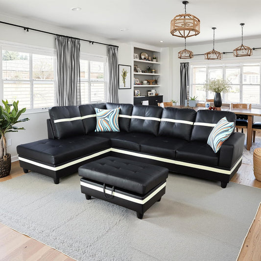 NicBex Sectional Couch 3 Pieces Sofa Set with Right Chaise PU Synthetic Leather L Shaped Cloud Couch for Living Room Furniture Sets with Storage Ottoman, Modular Sofa for Apartment, Black+White