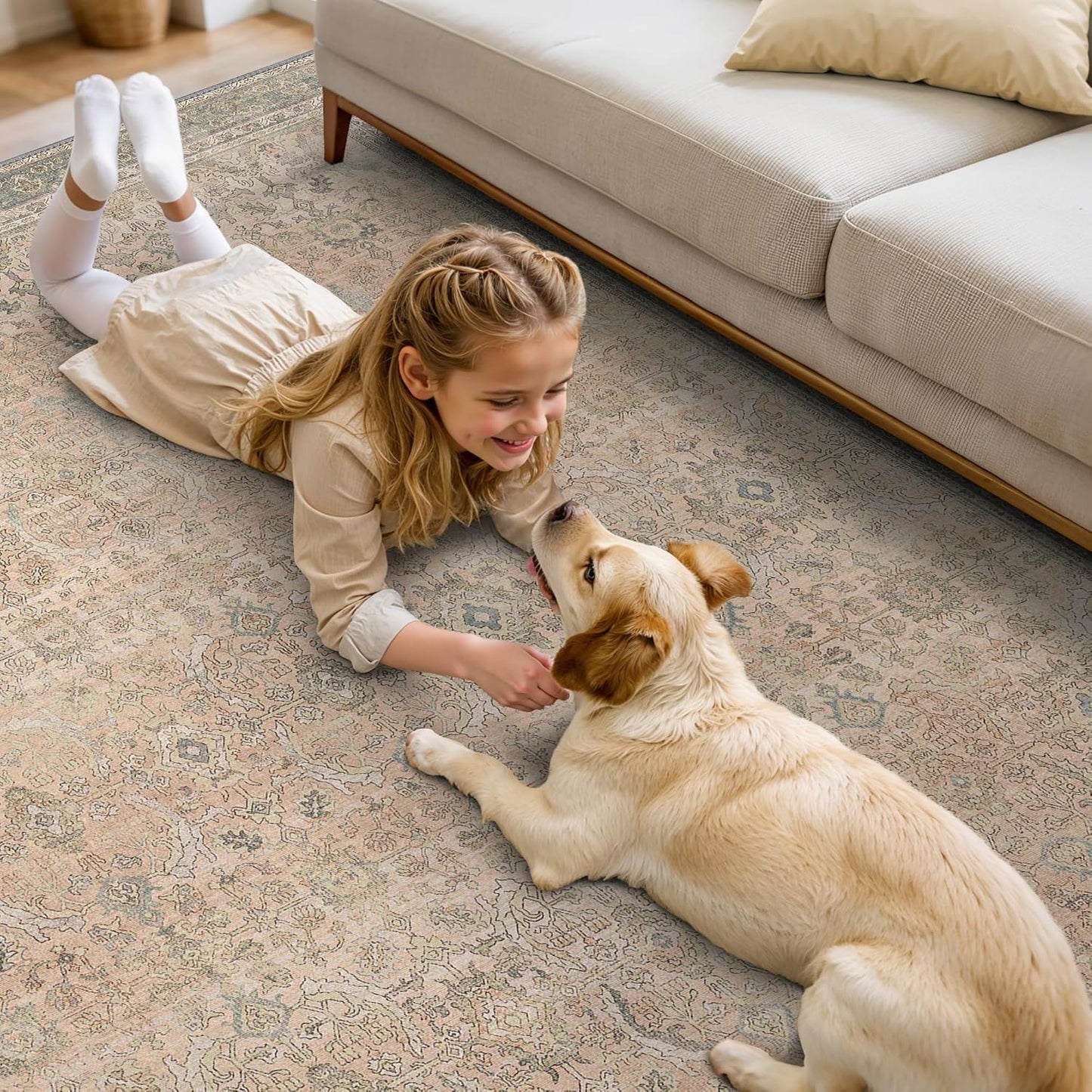 8X10 Area Rugs Machine Washable Rugs for Living Room, Vintage Boho Large Rugs for Bedroom Dining Room, Non Slip Indoor Soft Distressed Lightweight Thin Low Pile Carpet, Soft Sand