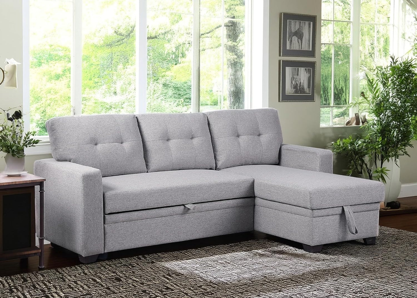 82 Inch Convertible Sleeper Sectional Sofa with Storage Chaise and Pull-Out Bed, Linen Upholstered Reversible Corner Couch, Modular L Shaped Couches for Living Room, Home Furniture, Light Gray