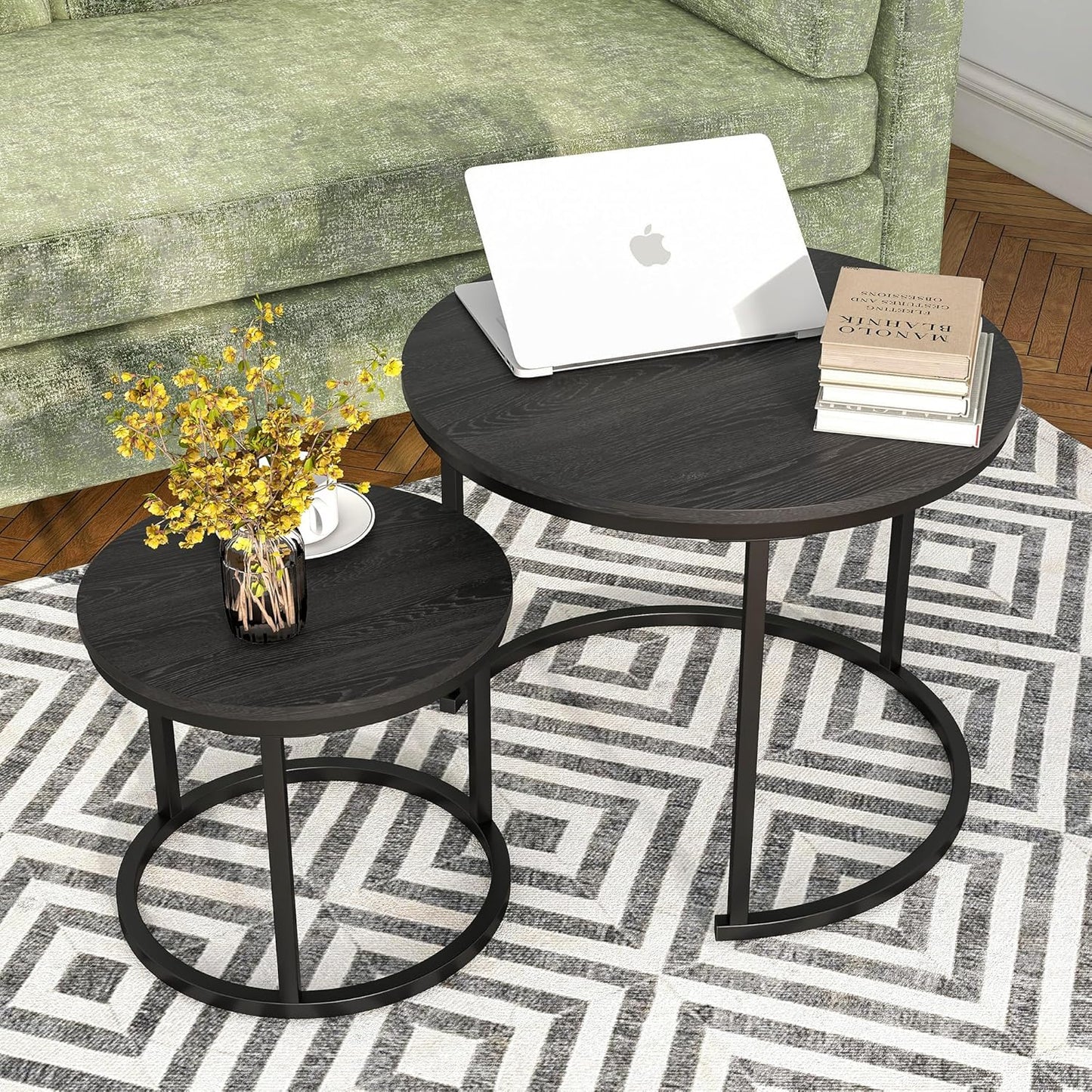 Small Coffee Table Set of 2, Round End Tables for Living Room, Modern Black Nesting Tables, Farmhouse Wood Side Table With Metal Frame, Easy Assembly, Stacking