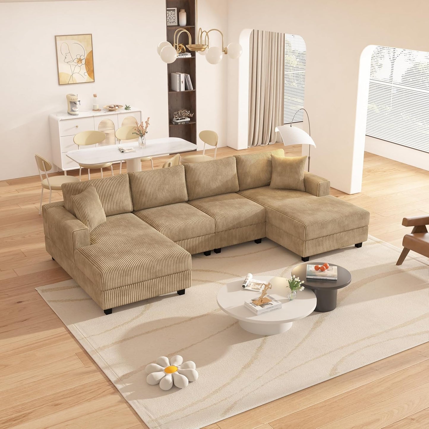 Oversized Symmetrical U Shaped Modular Sectional Sofa with Double Chaise Lounge , Reversible Corduroy Upholstered Sofa Extra Wide Deep Seat Sleeper Sofas Couches w/ 2 Pillows for Living Room Apartment