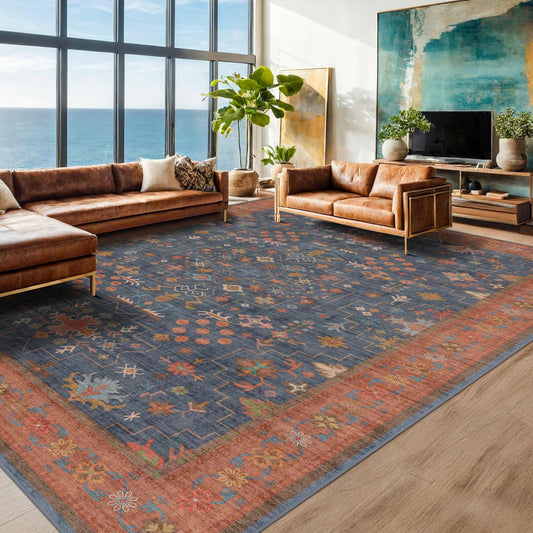 Washable Navy Blue Living Room Rug, 7x10 Area Rug for Bedroom, Dining Table Rugs - Low Pile Non-Slip Rubber Backing Stain Resistant Rug - Aethestic Boho Home Decor