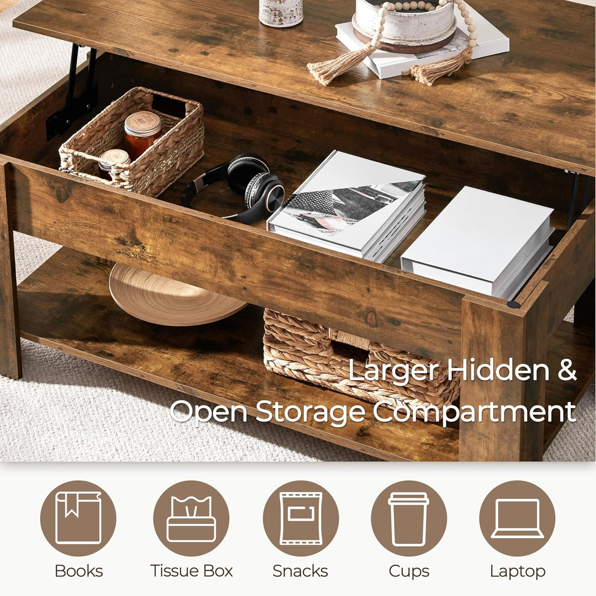 Yaheetech Coffee Table, 47.5in Lift top Coffee Table with Hidden Compartment and Storage Shelf, Lift Tabletop Dining Table for Living Room Reception Room, Rustic Brown