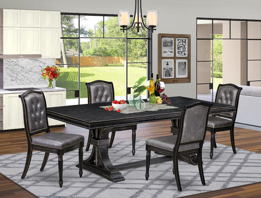 LEMA5-SBB-34-5-Piece Modern Dining Set Consists of a Dining Table and 4 Dark Grey Polyester Fabric Dining Chairs with Button Tufted Back - Sand Blasting Black Finish