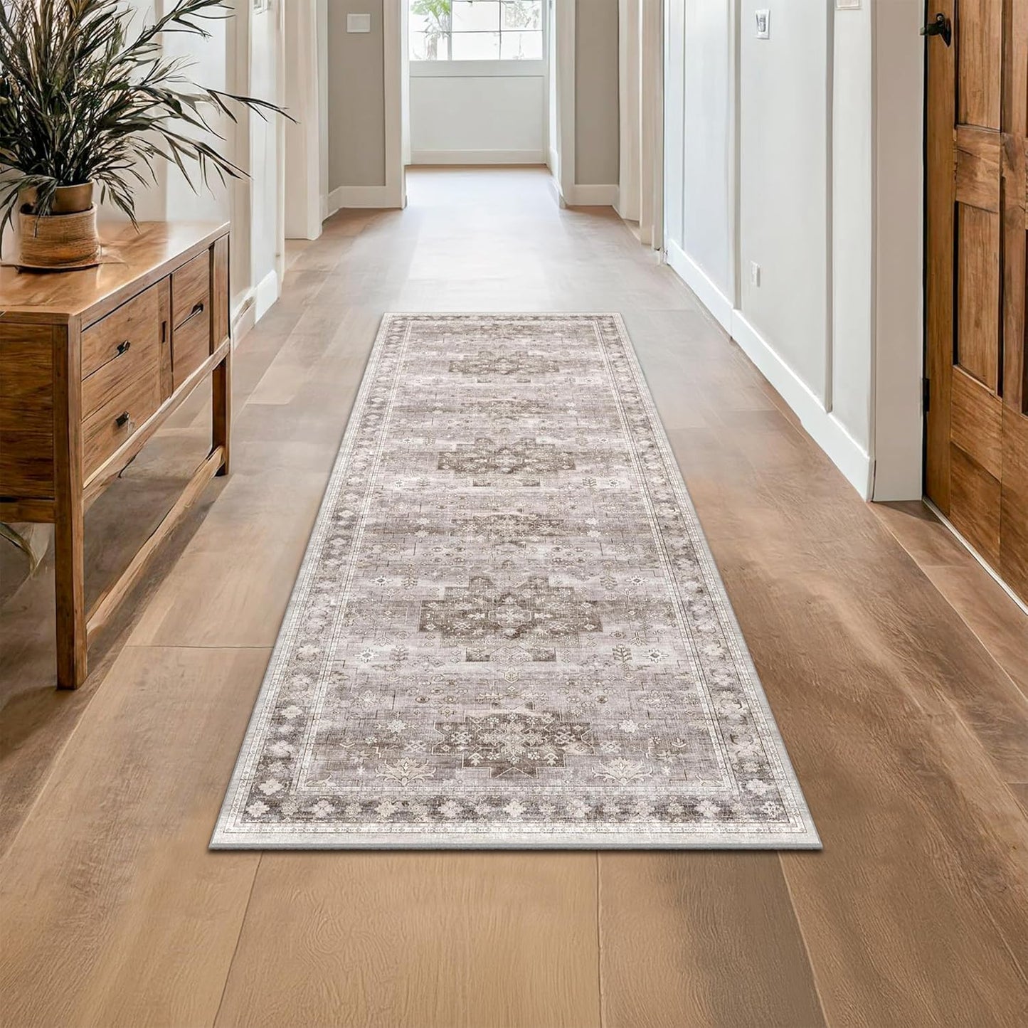 Boho 2x7 Long Runner, Neutral Farmhouse Bedside Rug, Small Throw Runners for Bedroom Hallway Bathroom Kitchen, Vintage Floral Decor & Non-Slip Low-Pile Washable Stain Resistant Beige Latte Rug
