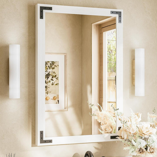 TETOTE 24 x 36 White Wood Framed Mirror for Bathroom Wall/Bedroom/Living Room/Entryway Farmhouse Rustic Bathroom Vanity Mirror Waterproof (Horizontal/Vertical Mounted)