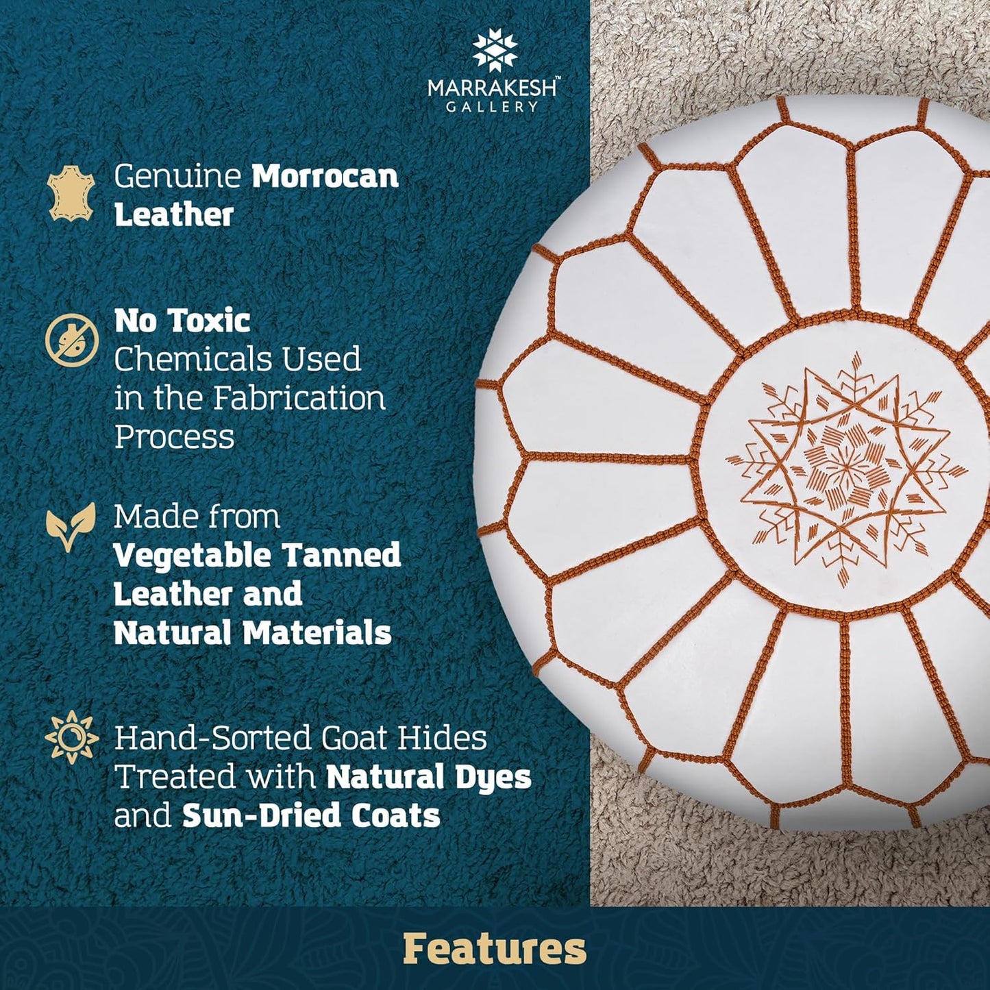 Marrakesh Gallery Genuine Leather Round Pouf Unstuffed - Moroccan Ottoman Footstool, Footrest Cover - Boho Decor - Bohemian Living Room, Bedroom, Kids Room, Gift & Wedding