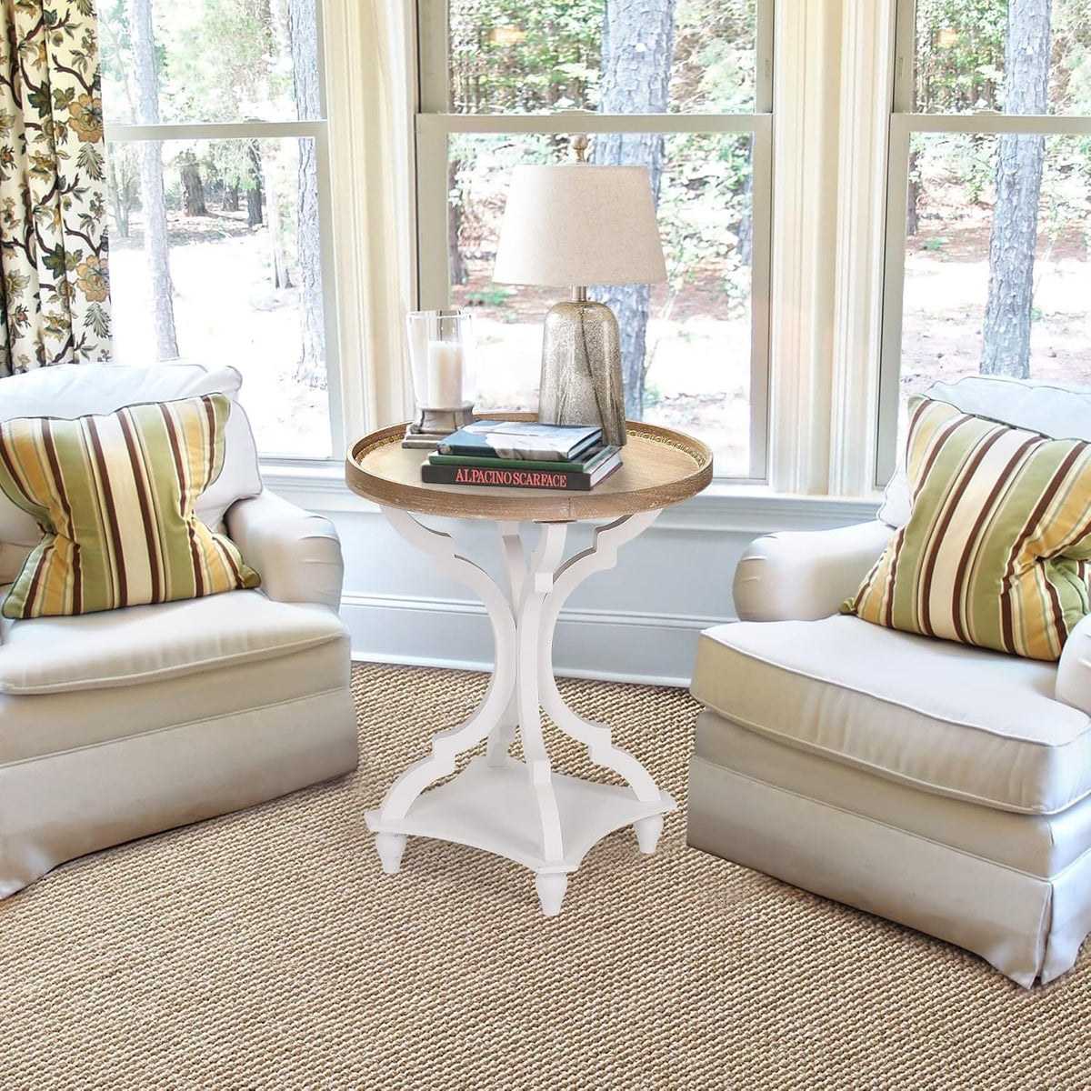 Wnutrees Farmhouse Round Accent End Table, Rustic Side Table Nightstands for Living Room, Wood Tray Top, Handcrafted Finish, White