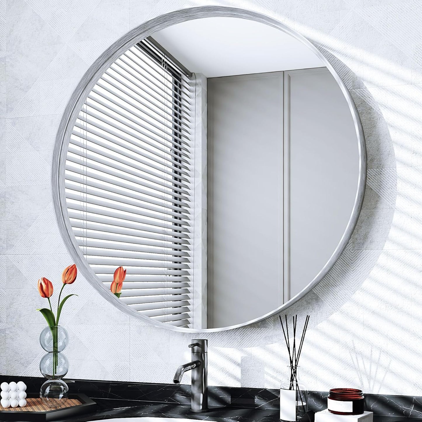 Suidia 30" x 30" Bathroom Mirror, Bathroom Vanity Mirror Metal Framed, Wall-Mounted Mirrors for Bedroom, Living Room, Entryway, Hallway, Silver, Round Style