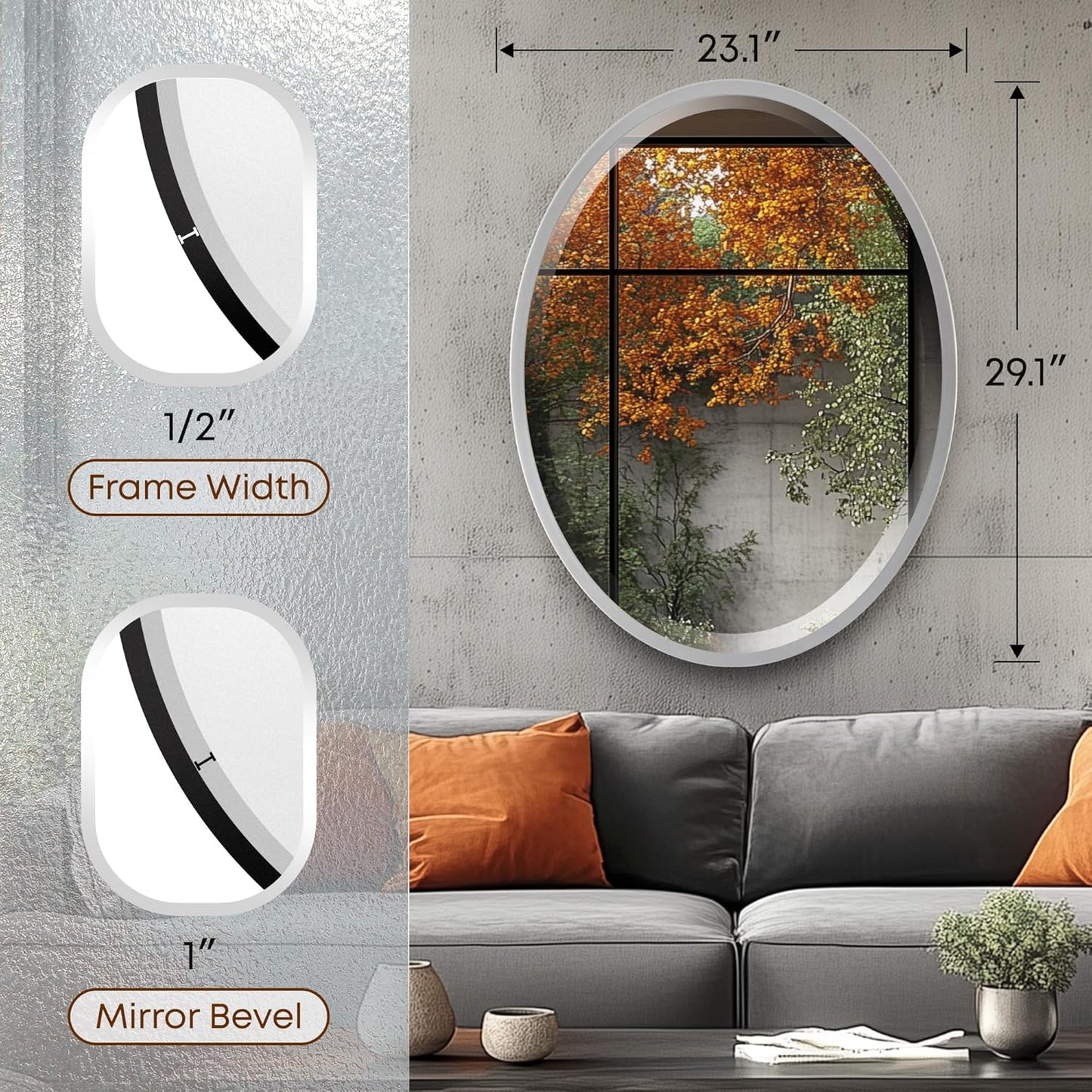 OVALCREST - Oval Wooden Beveled Wall Mirror for Home Decor, Bathroom, Vanity, Bedroom, Living Room, Hallway - London Style (Silver Spray) 23.1 x 29.1
