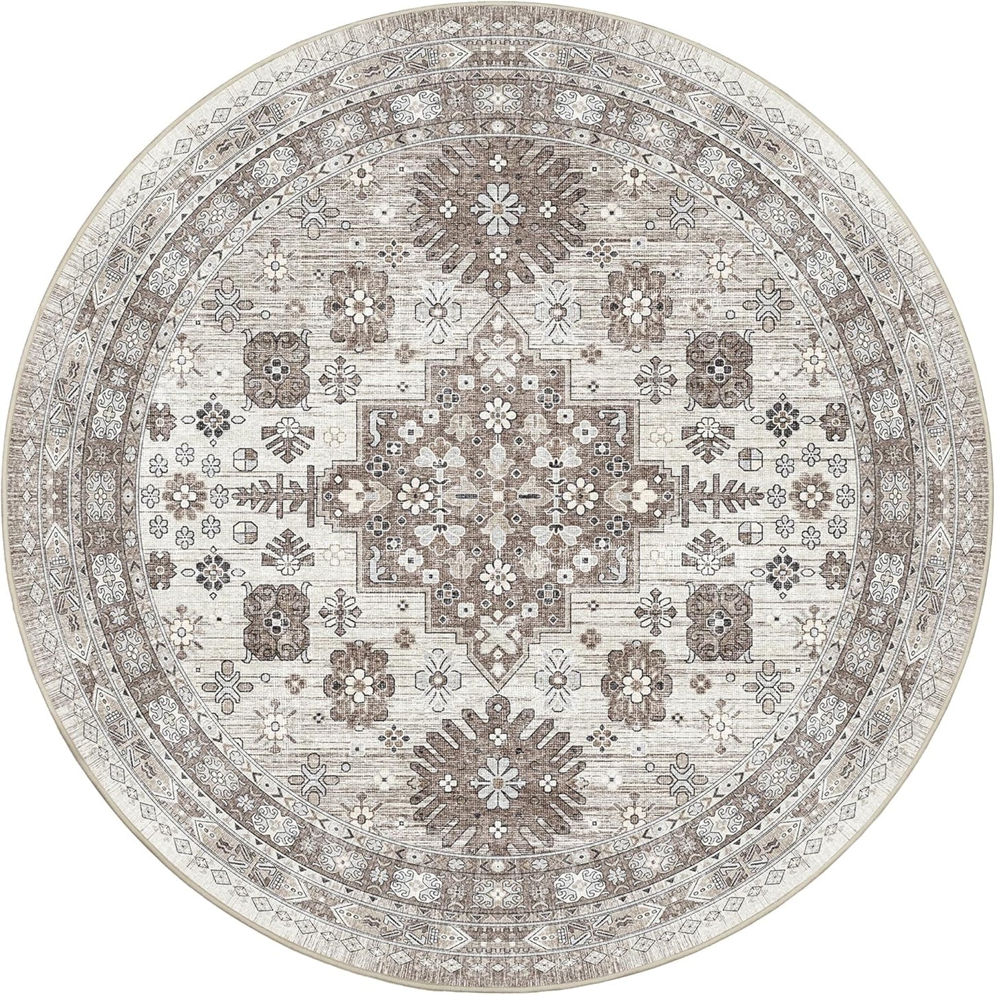 zesthome Washable Round Area Rugs - Non-Slip 6ft Round Rugs, Ultra-Thin Large Circle Rugs for Living Room, Soft Low Pile Rug for Bedroom, Kitchen, Nursery - Vintage Round Rug(Brown/Beige,6'x6')