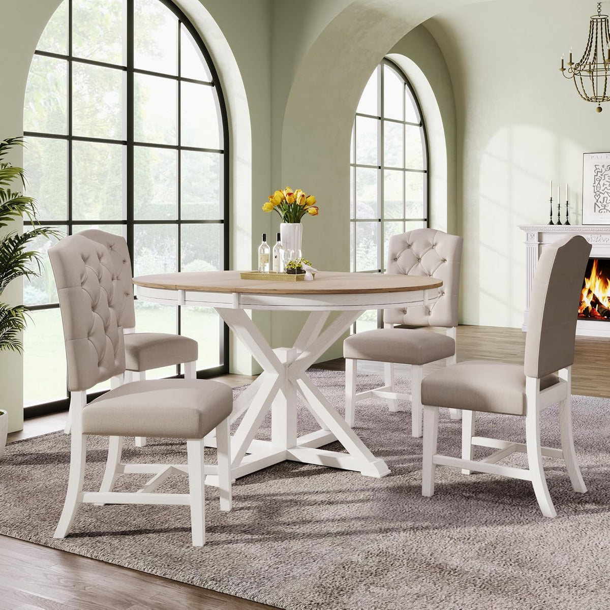 SogesPower 5-Piece Round Farmhouse Retro Dining Table Set for 4, Space-Saving Kitchen Table Set with Extendable Table and 4 Upholstered Chairs for Dining Room Living Room,Oak Natural Wood