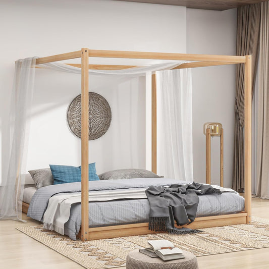 King Size Canopy Platform Bed with Support Legs,Solid Wood Bed Frame,4-Post Canopy-Platform-Bed for Kids Teens Adults, No Box Spring Needed,Natural