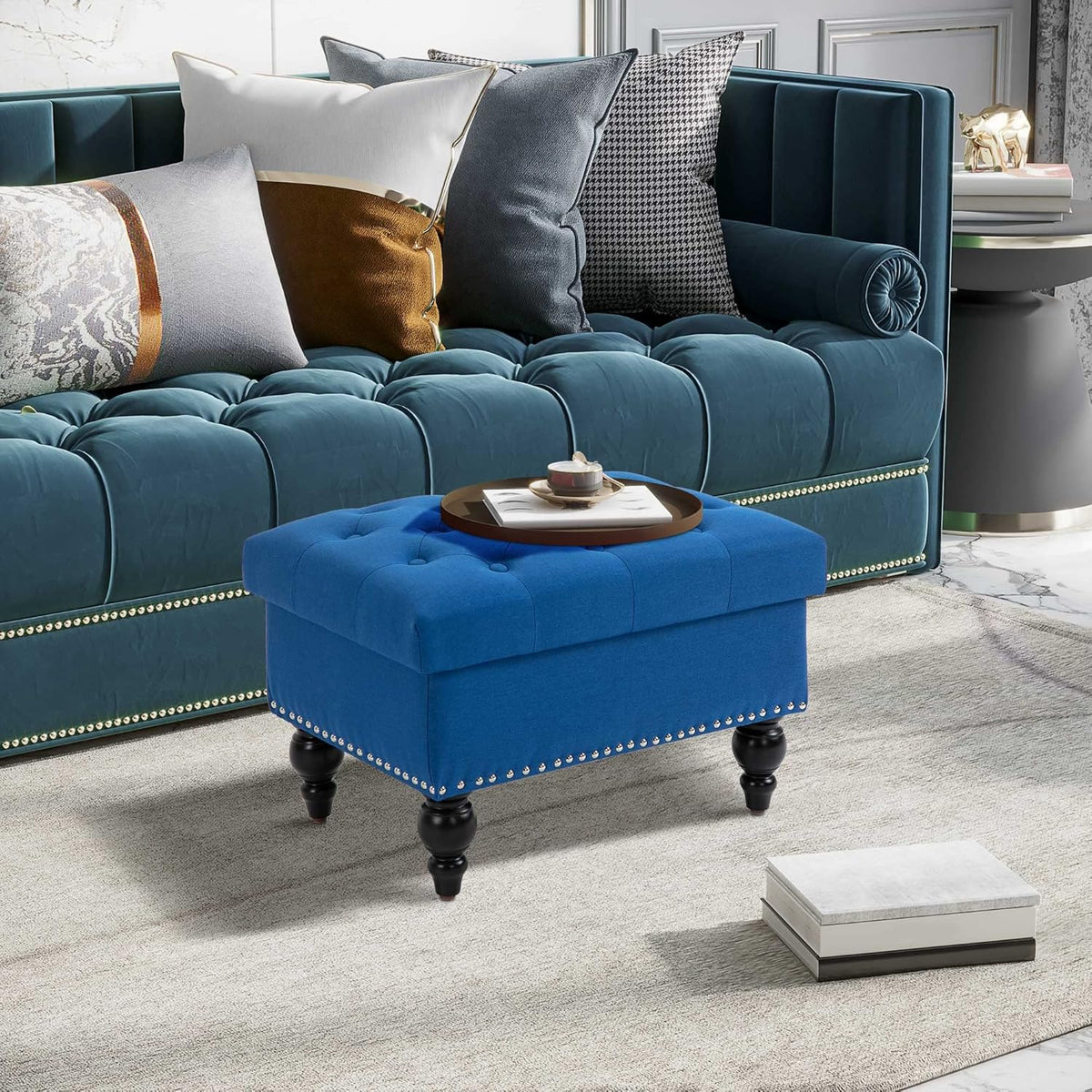 HOMCOM Ottoman with Storage for Living Room, 25" Storage Ottoman with Removable Lid, Button-Tufted Fabric Bench for Footrest and Seat with Wood Legs, Blue