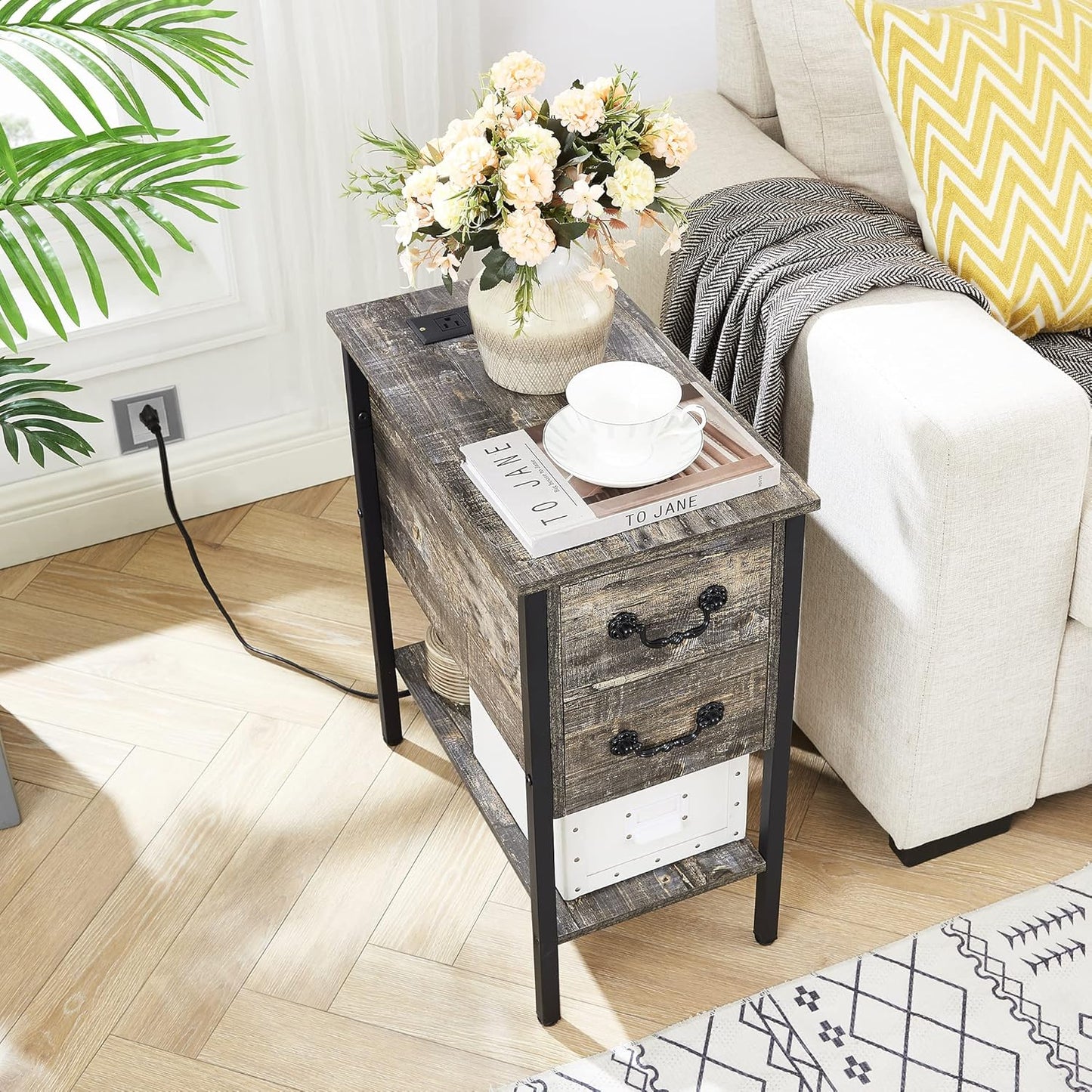 VECELO End Tables,Narrow Nightstands with Charging Station & USB Ports &Drawers,Night Stand for Living Room, Bedroom,Misty Gray