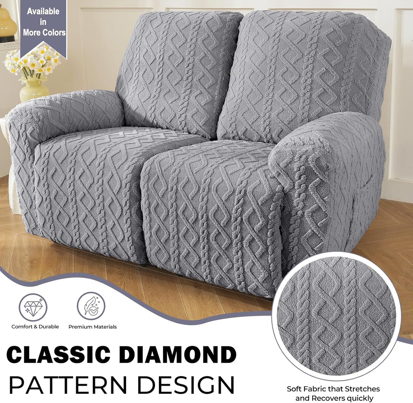vctops 6 Pieces Geometric Jacquard Plush Recliner Loveseat Slipcovers Soft Fuzzy Fluffy Sofa Couch Cover Anti-Slip Furniture Protector with Elastic Bottom for Kids Cats Dogs(Grey,2 Seat)