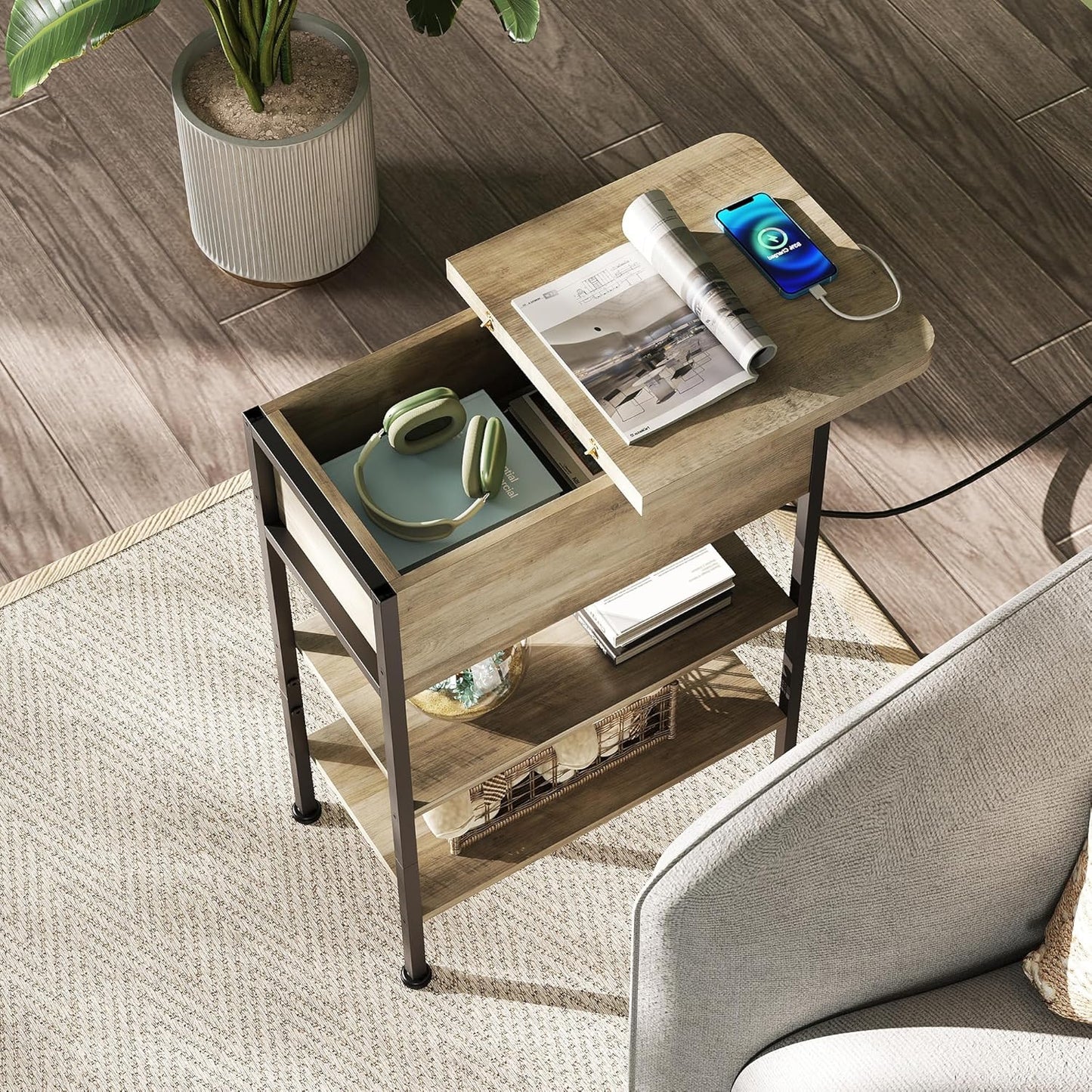 WLIVE End Table with Charging Station, Flip Top Side Table with Storage Shelf, Narrow Bedside Table for Living Room, Sofa Couch Table with USB Ports and Outlets, Bedroom Nightstand, Greige