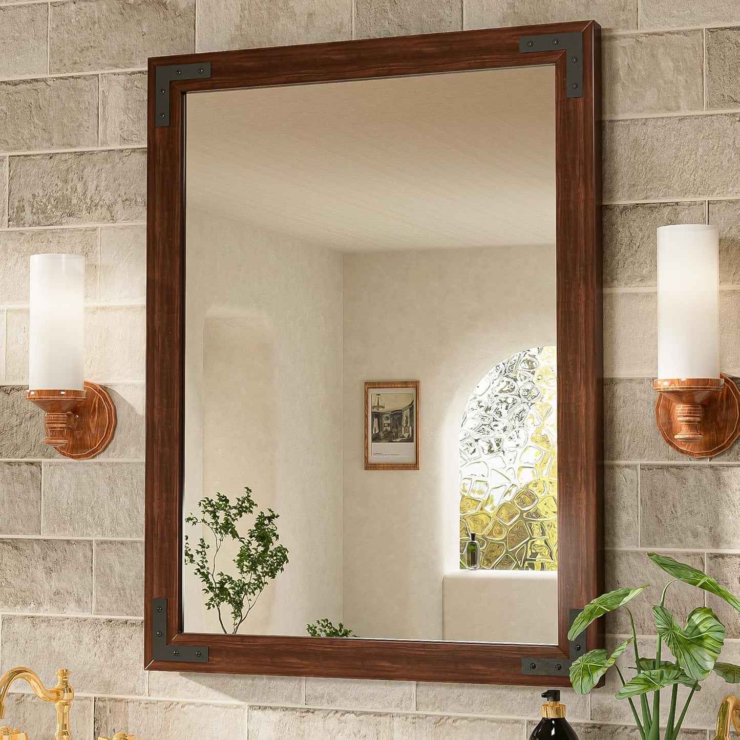 TETOTE 24 x 36 Walnut Wood Framed Mirror for Bathroom Wall/Bedroom/Living Room/Entryway Farmhouse Rustic Bathroom Vanity Mirror Waterproof (Horizontal/Vertical Mounted)