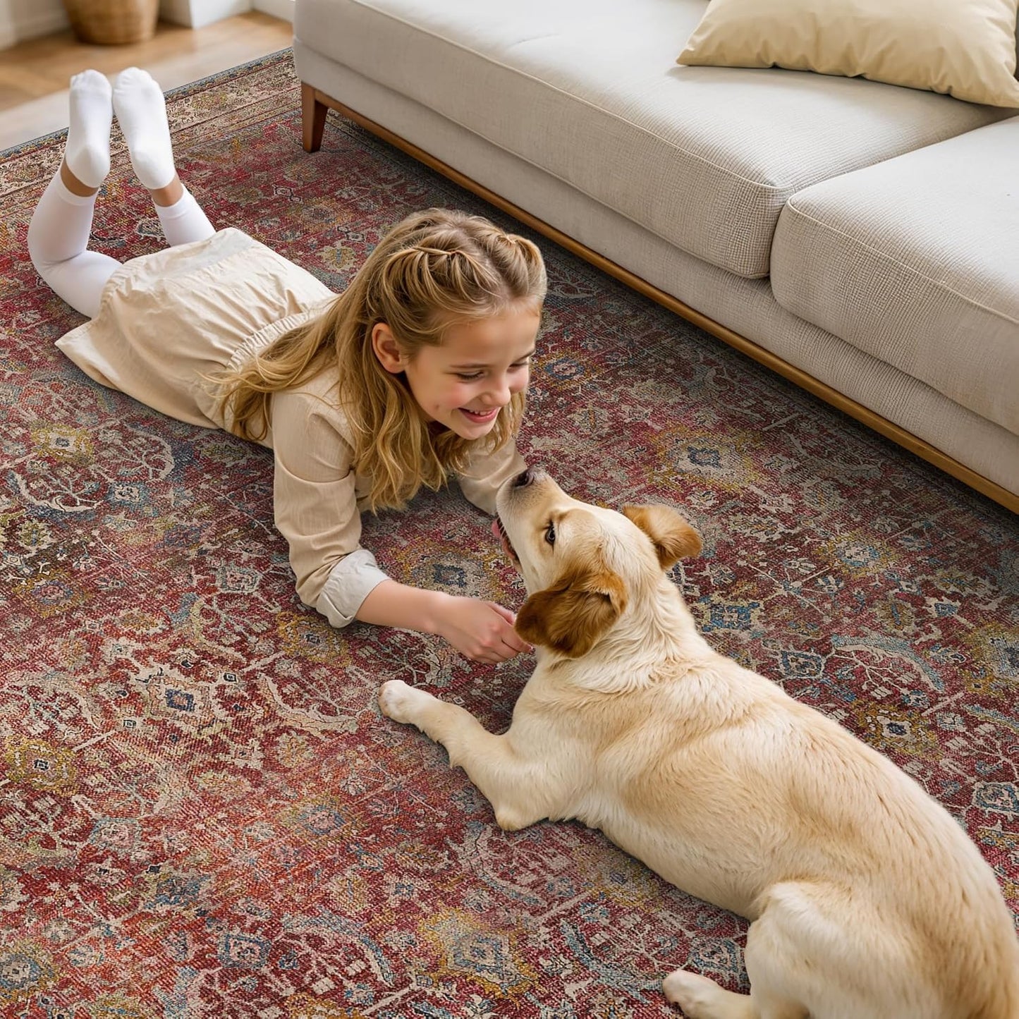 8X10 Area Rugs Machine Washable Rugs for Living Room, Vintage Boho Large Rugs for Bedroom Dining Room, Non Slip Indoor Soft Distressed Lightweight Thin Low Pile Carpet, Rust Red