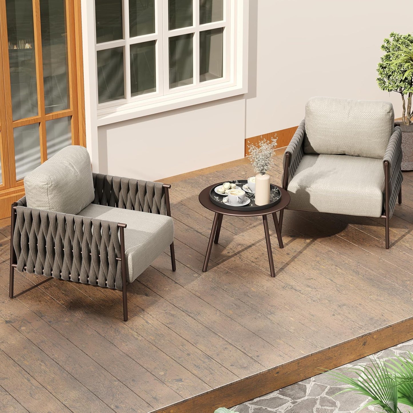 EAST OAK 3-Piece Patio Furniture Set | Armchairs & Coffee Table | Outdoor Furniture with Cushions | Deep Seating Modern Conversation Set | Garden, Porch, Balcony & Backyard | Chestnut & Apricot