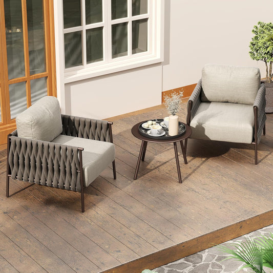 EAST OAK 3-Piece Patio Furniture Set | Armchairs & Coffee Table | Outdoor Furniture with Cushions | Deep Seating Modern Conversation Set | Garden, Porch, Balcony & Backyard | Chestnut & Apricot