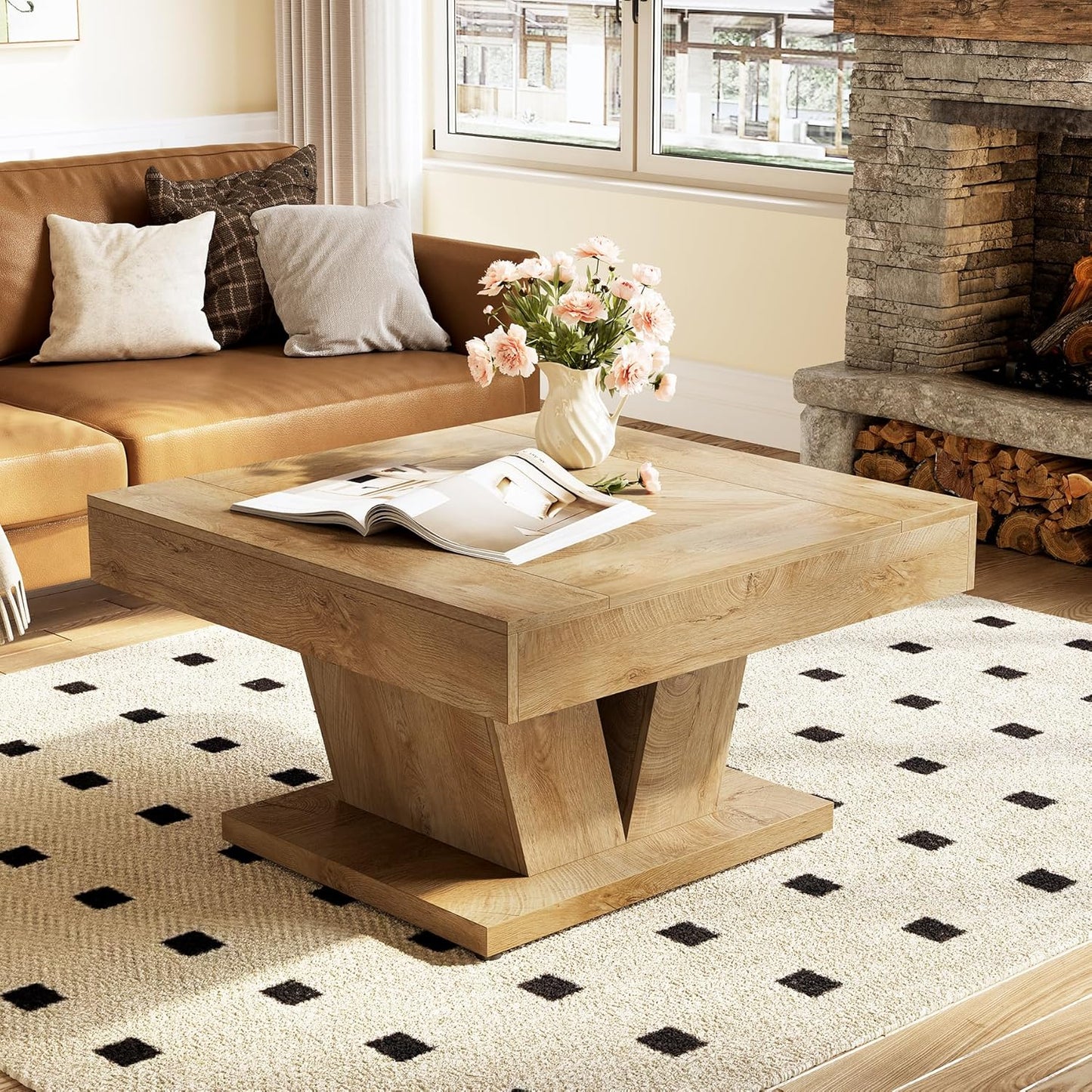 LITTLE TREE Square Coffee Table, Modern Rustic Coffee Table for Living Room, Wooden Table with Adjustable Feet, Oak