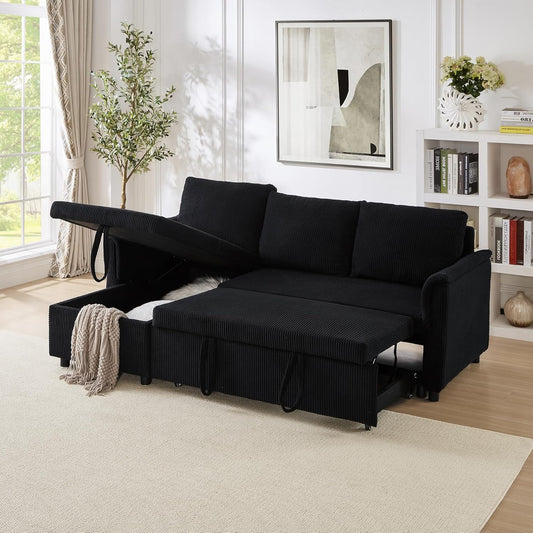 Ball & Cast L-Shape Reversible Sectional Sleeper Sofa Bed 4 in 1 Pull Out Couch with Storage Chaise&Removable Backrest,Convertible Sleeper Corner Couch Pull-Out Sofa Bed for Living Room,Corduroy,Black