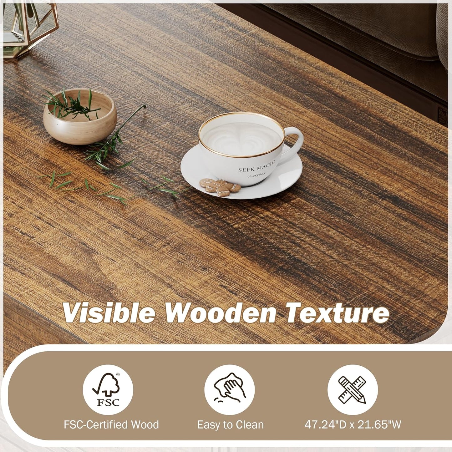 Rustic Coffee Table with Drawers 47 inch Living Room Tables with Storage, Wooden Center Table for Reading Playing Room Home Accent Table for Dining Room Apartment, Walnut