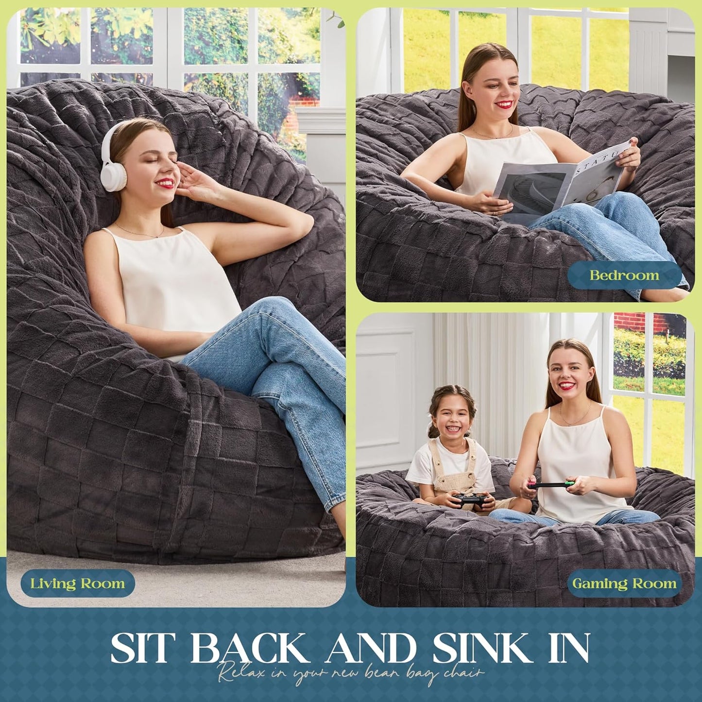 Hobestluk Bean Bag Chairs Beanbag Chair with Filler Adult Bean Bags with Fluffy Cover, Giant Bean Bag Chairs for Adults for Living Room, Bedroom (Dark Grey, 5FT - 50” x 50” x 24”)