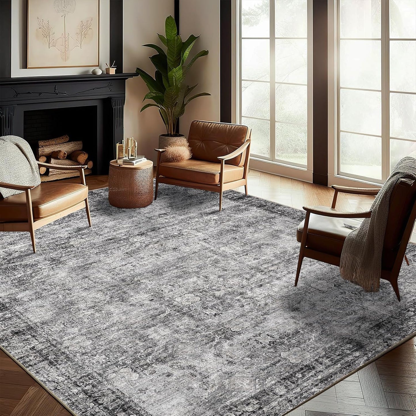 Washable Area Rug 8'x10' Retro Boho Design Non-Shedding Non-Slip Easy Care Ideal for High Traffic Areas in Living Room Bedroom Office Coffee Table Kitchen Large Carpet