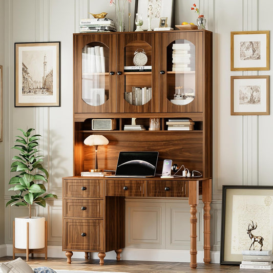 Merax 47'' Executive Desk with Charging Station and Hutch, Home Office Desk with 5 Drawers and Glass-Door Bookshelf, Retro Computer Desk for Study, Bedroom Office Furniture, Walnut