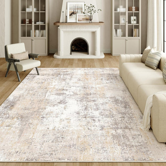 9x12 Washable Area Rug Beige Grey Neutral Abstract Living Room Bedroom Large Throw Rug Non Slip Soft Low Pile Indoor Floor Carpet for Dining Room Kitchen Office Entryway