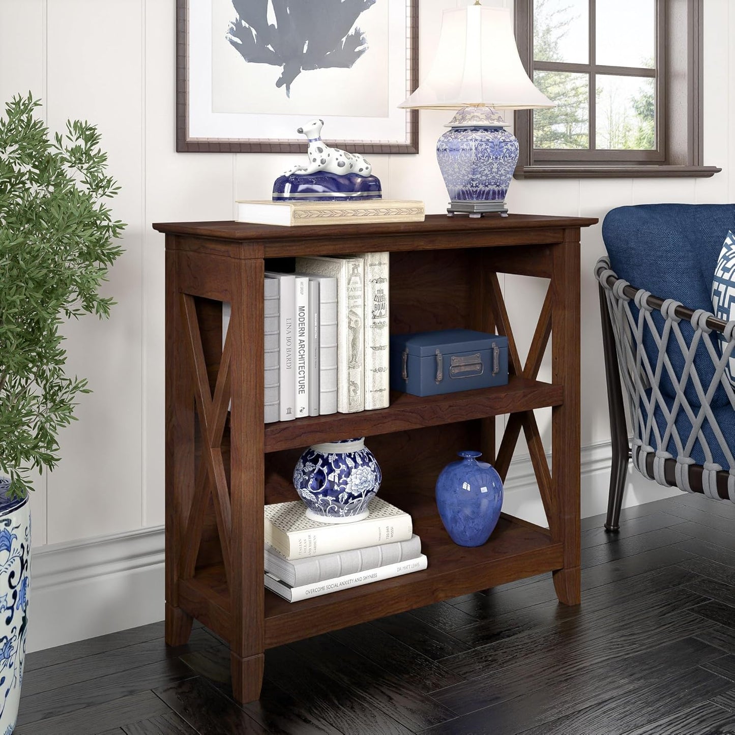Bush Furniture Key West Small 2 Shelf Bookcase in Bing Cherry, Compact Home Organizer, Vertical Storage Solution, Bookshelf for Office or Living Room