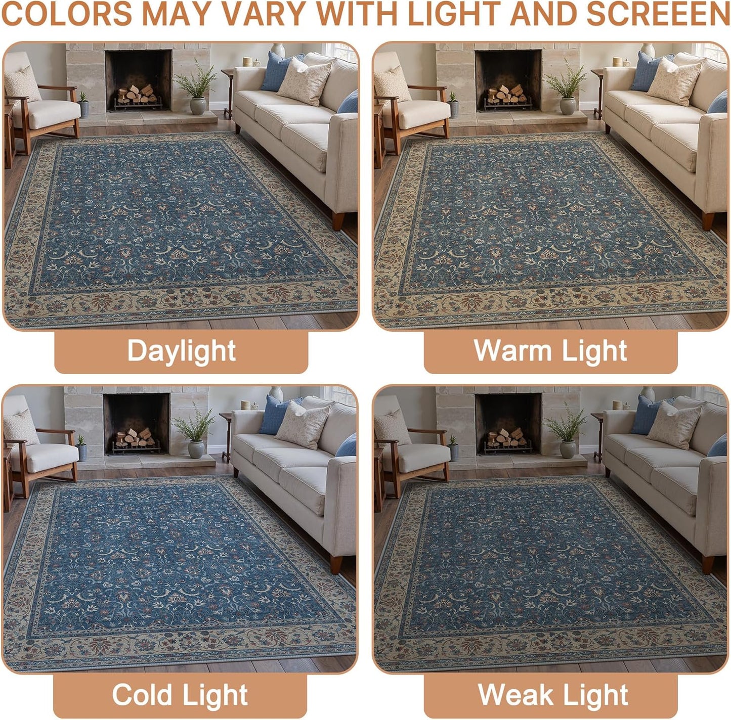 8X10 Area Rugs Machine Washable Rugs for Living Room, Vintage Boho Large Rugs for Bedroom Dining Room, Non Slip Indoor Soft Distressed Lightweight Thin Low Pile Carpet, Indigo