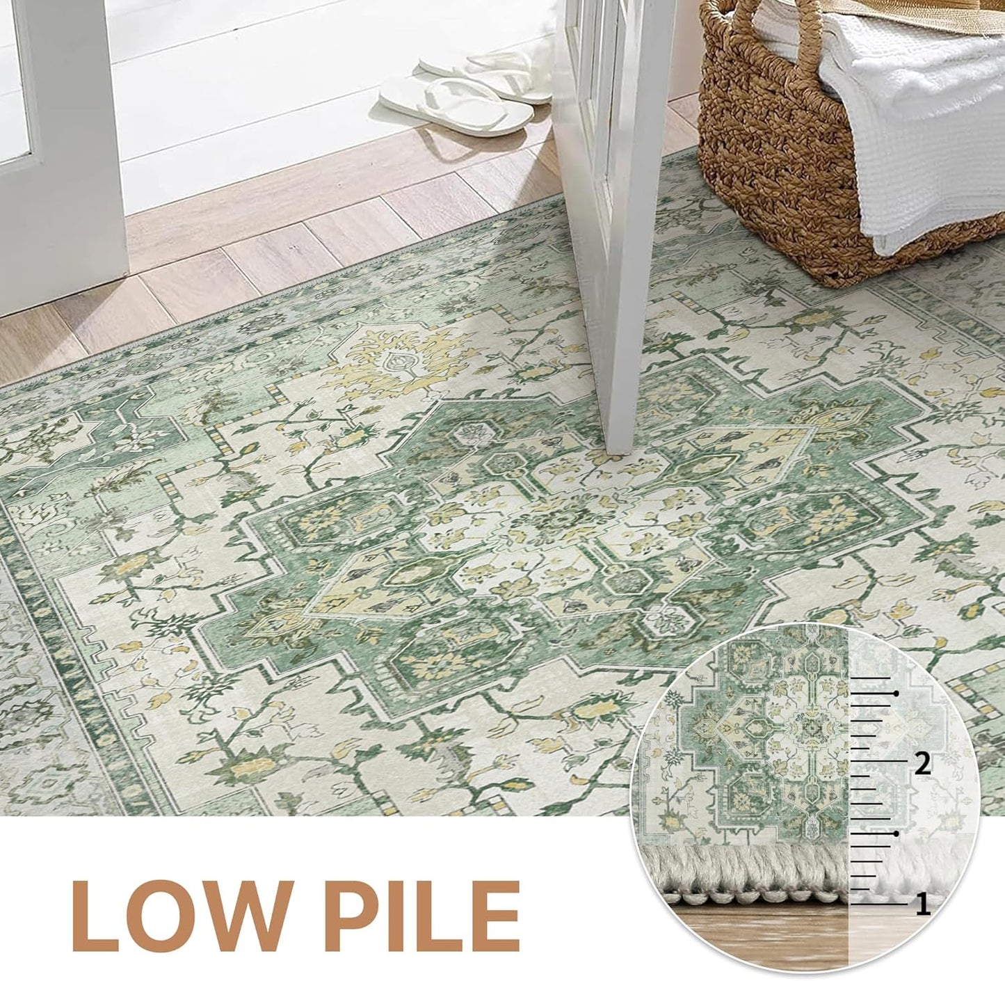 GENIMO 7'6''x9'6'' Area Rugs for Living Room, Machine Washable Non Slip Vintage Rugs, Low Pile Lightweight Chenille Print Rug for Bedroom, Dining Room, Home Office, Green