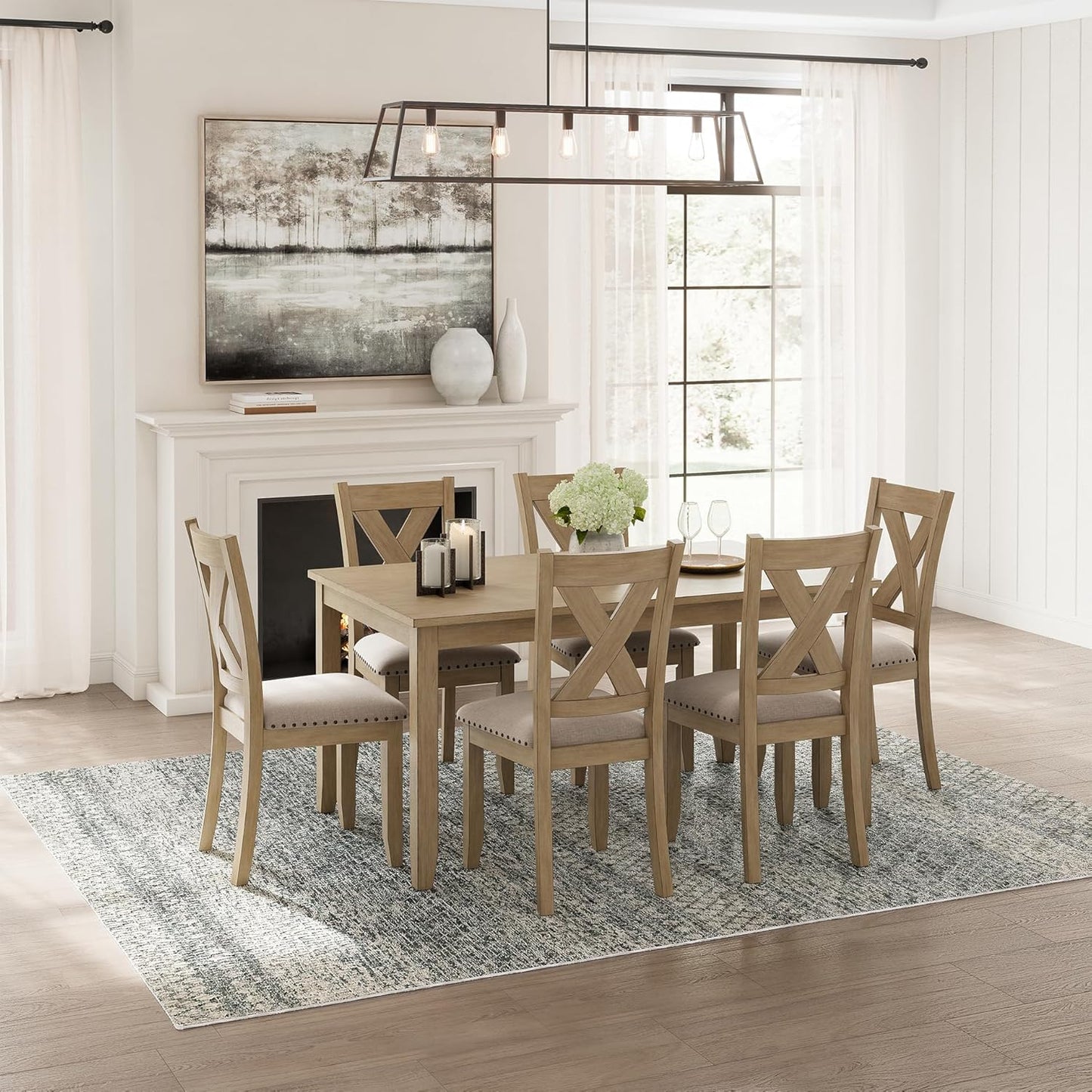 Signature Design by Ashley Sanbriar Casual Dining Table and Upholstered Chairs with Nailhead Trim, Set of 7, Light Brown & Beige