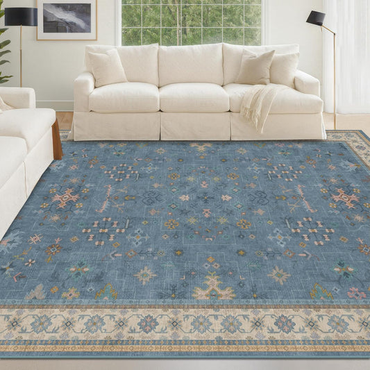 5x7 Rug for Living Room, Boho 5 x 7 Area Rugs Colorful Blue Modern Eclectic Low-Pile Carpet for Bedroom, Dining Table, Nursery, Washable Non-Slip with Rubber Back