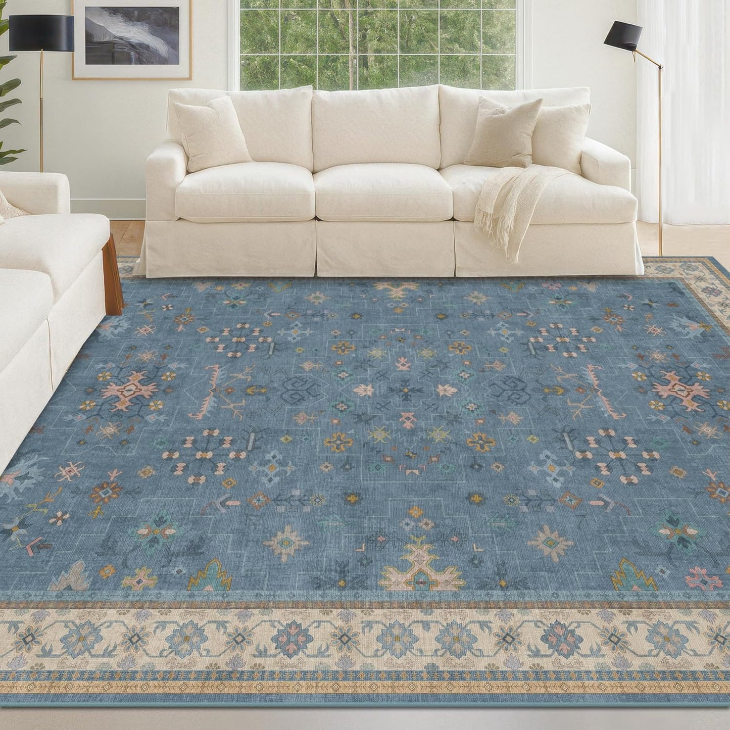 5x8 Rug for Living Room, Boho Eclectic Area Rugs Blue Modern Low-Pile Carpet for Bedroom, Dining Table, Nursery, Washable Non-Slip with Rubber Back