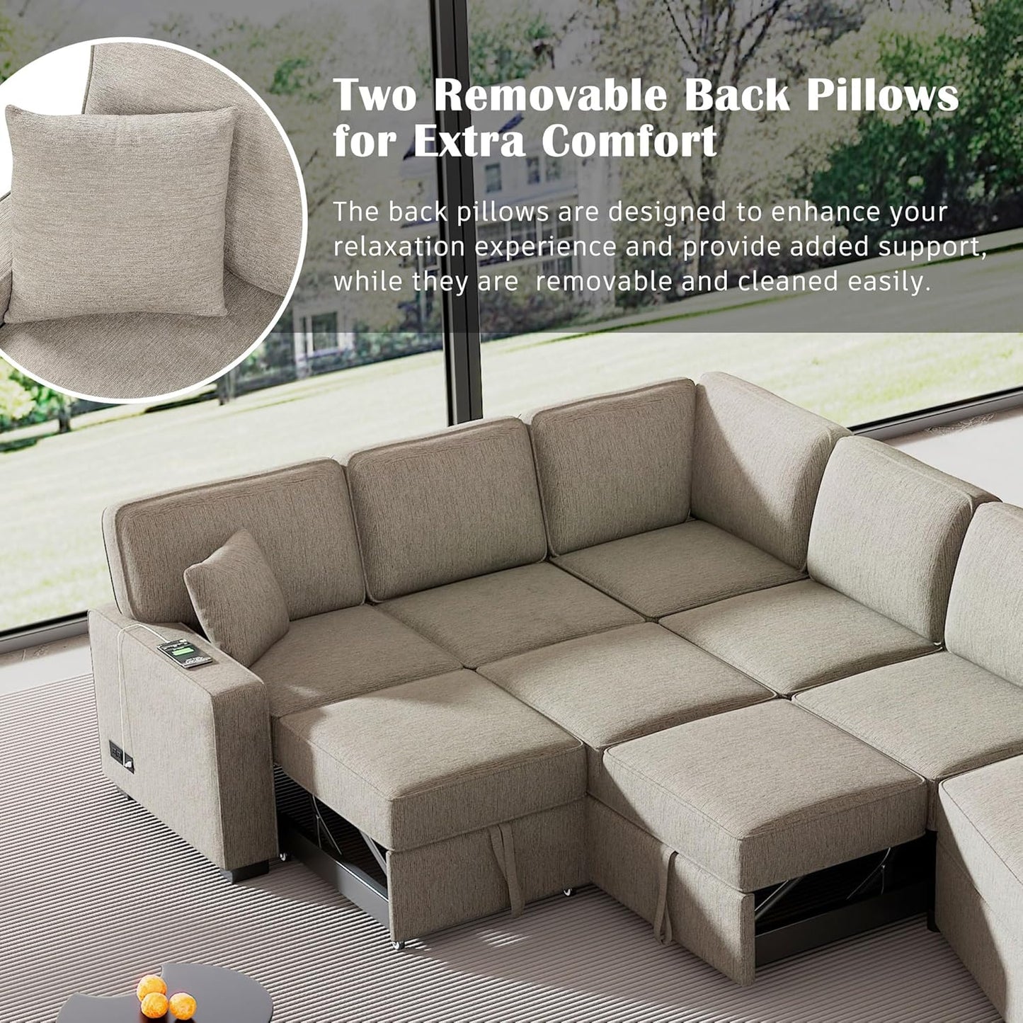 126" Extra Large Pull-Out Sofa Bed with Drop-Down Cup Holder Tables,L-Shaped Sectional Cozy Couch W/Charging Device,Convenient Sleeper Furniture Set for LivingRoom Apartment,Black Chenille