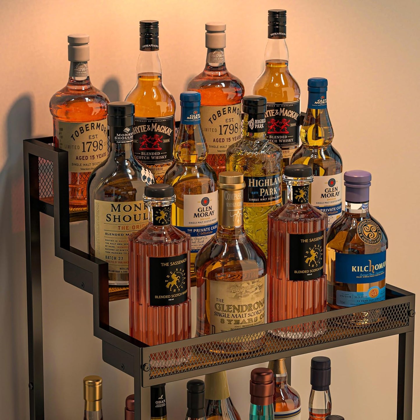 Tiered Liquor Stand with Bar Cabinet for Home, Large-Capacity Wine Rack Freestanding Floor, Stepped Display Shelf Featuring Mesh Door Holds Whiskey & Syrup Bottles, Corner Storage Ideal in living room