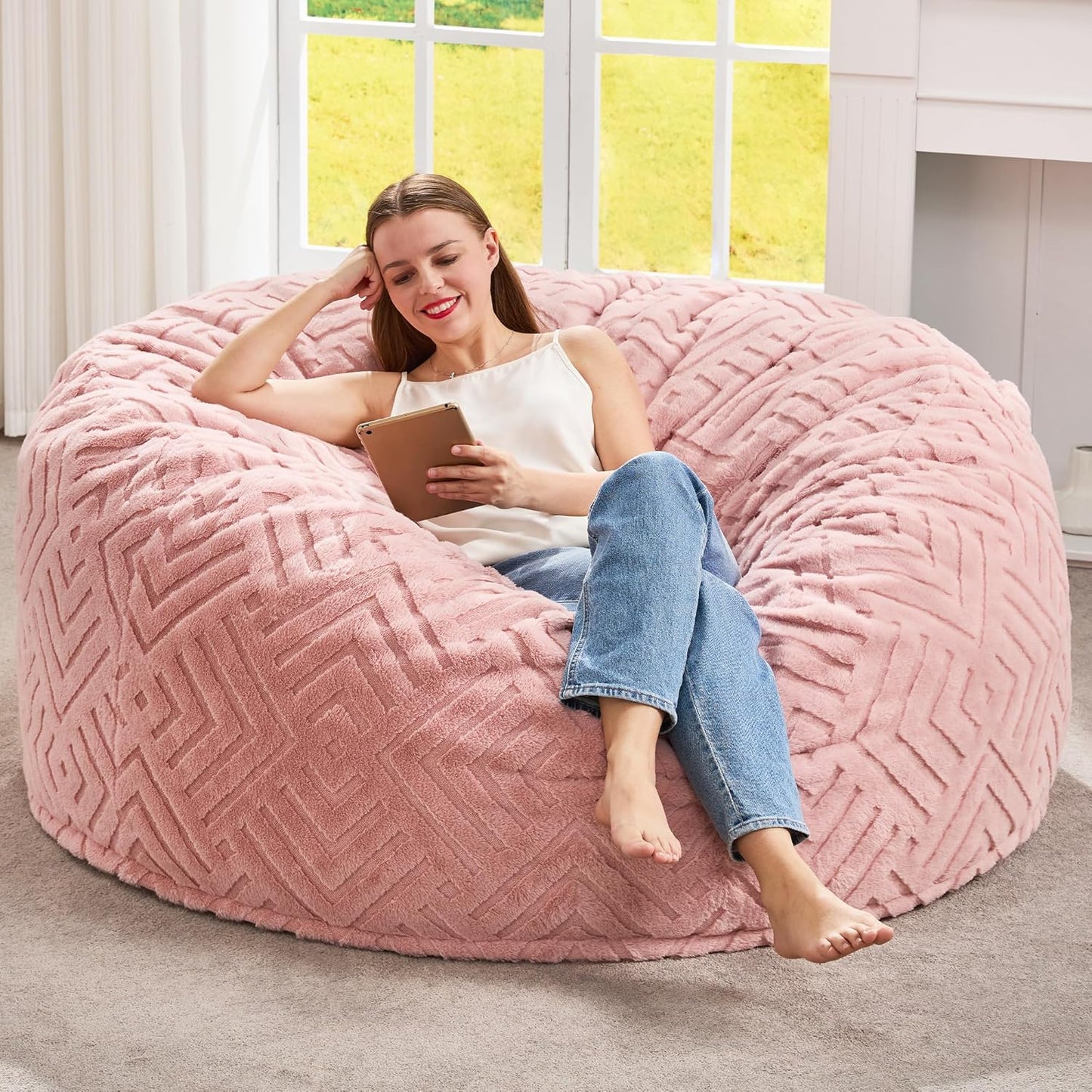 Hobestluk Bean Bag Chairs Adults Beanbag Chair with Filler Large Bean Bags with Fluffy Embossed Cover, Giant Bean Bag Chairs for Adults (Pink, 4FT - 44” x 44” x 24”)