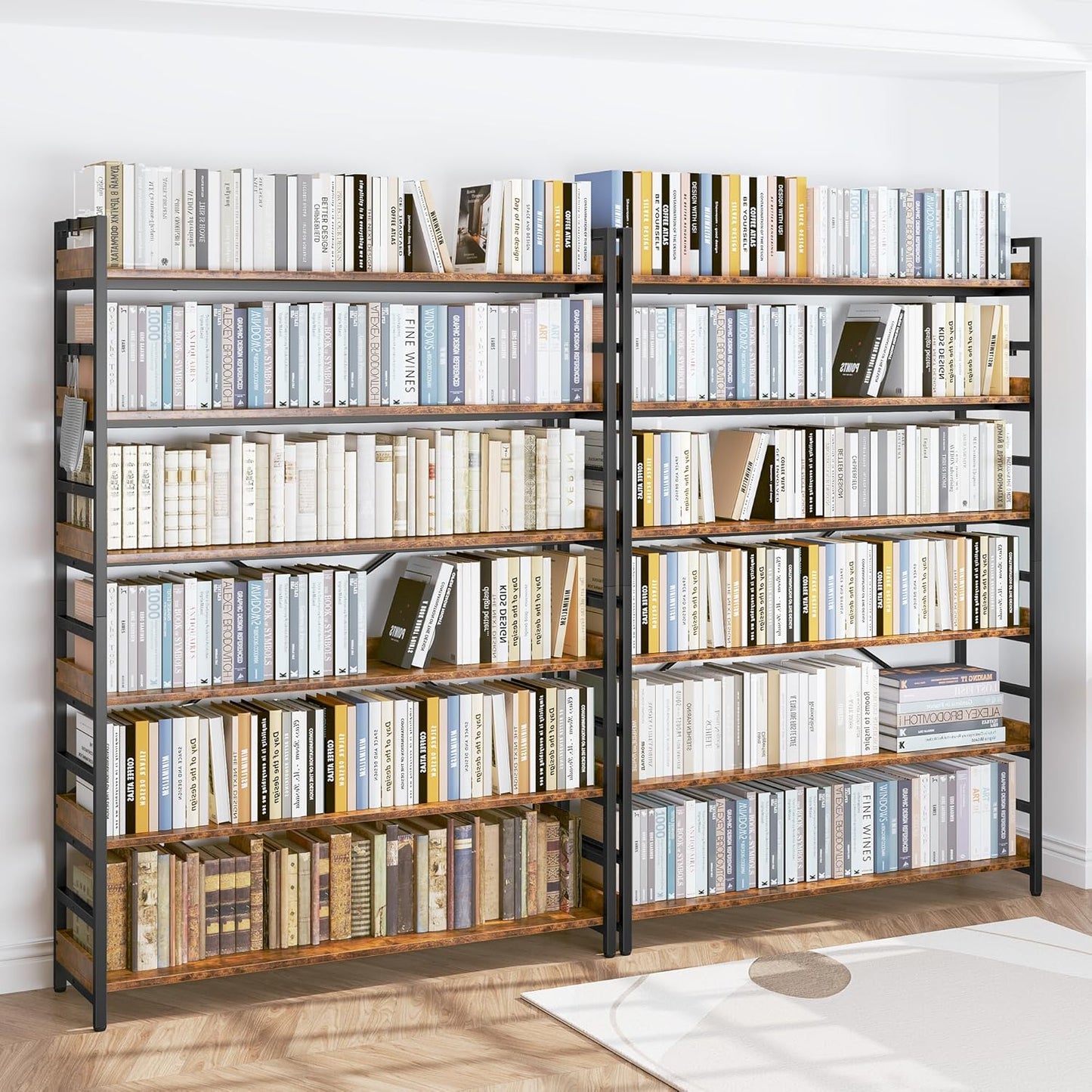 HCHQHS 6 Tier Bookshelf, Adjustable Industrial Bookcase, Vertical Tall Book Shelf, Wood and Black Metal Open Bookshelves for Home Office, Living Room, Bedroom