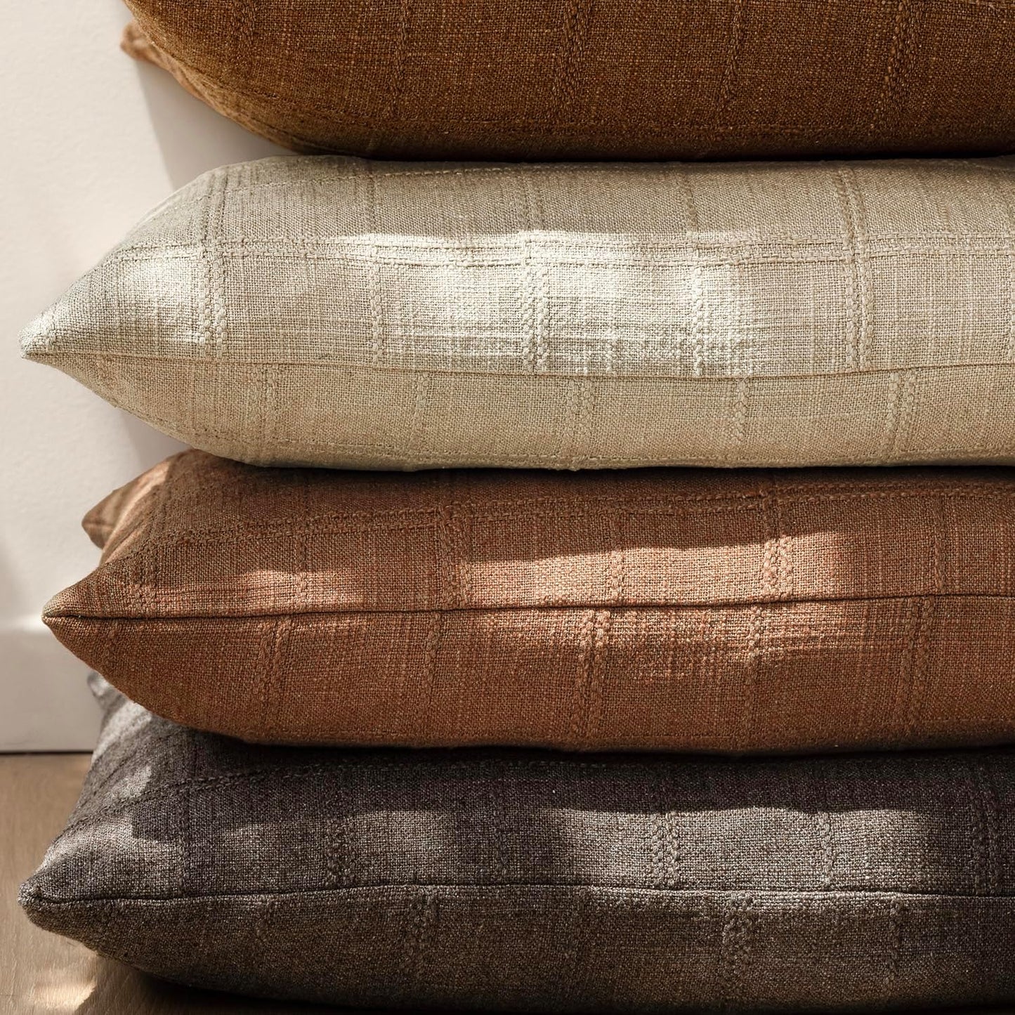 Foindtower Set of 2 Decorative Linen Check Throw Pillow Covers Neutral Farmhouse Vintage Cushion Covers Modern Boho Home Decor for Sofa Chair Couch Bedroom Living Room Outdoor,22×22 Inch,Dark Brown